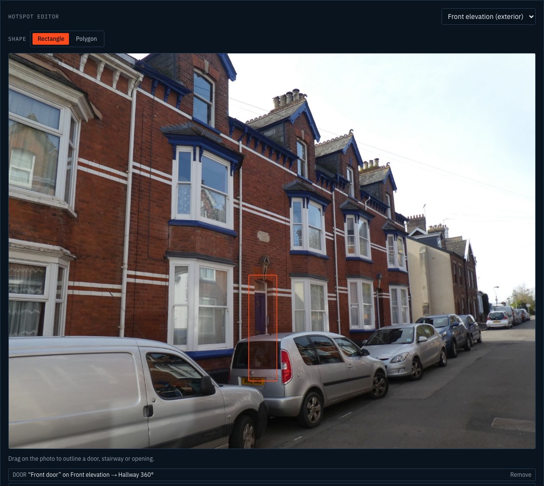 Fire Scene Studio hotspot editor: the terrace's front elevation with the front door outlined and keyed to a hallway 360° interior
